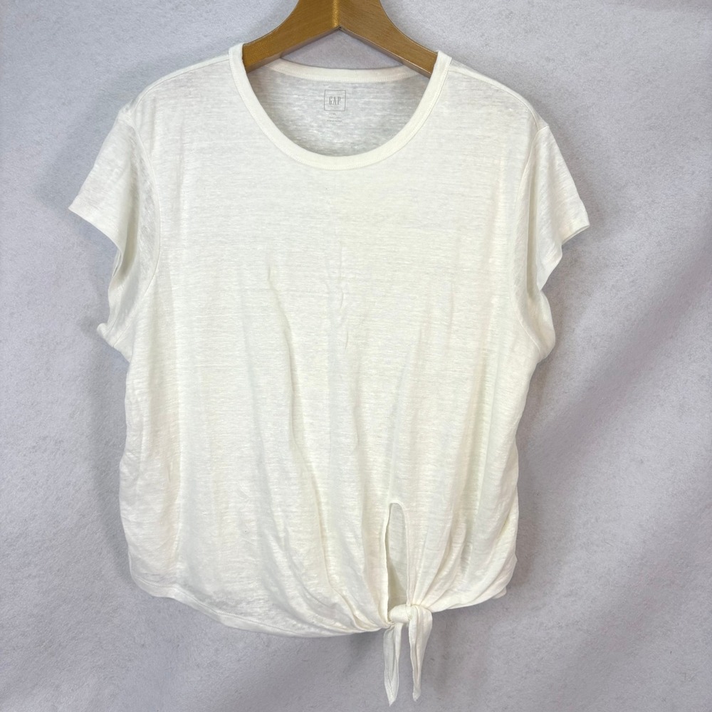 Gap White 100% Linen‎ Front Tie Short Sleeve T-Shirt Women XL Coastal Minimalist